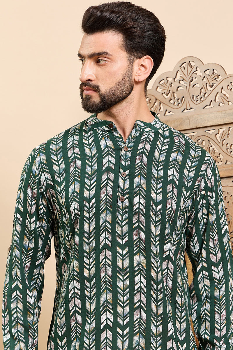 Ethnic Bay Green Viscose Rayon Chevron Printed Ethnic Straight Short Kurta For Men