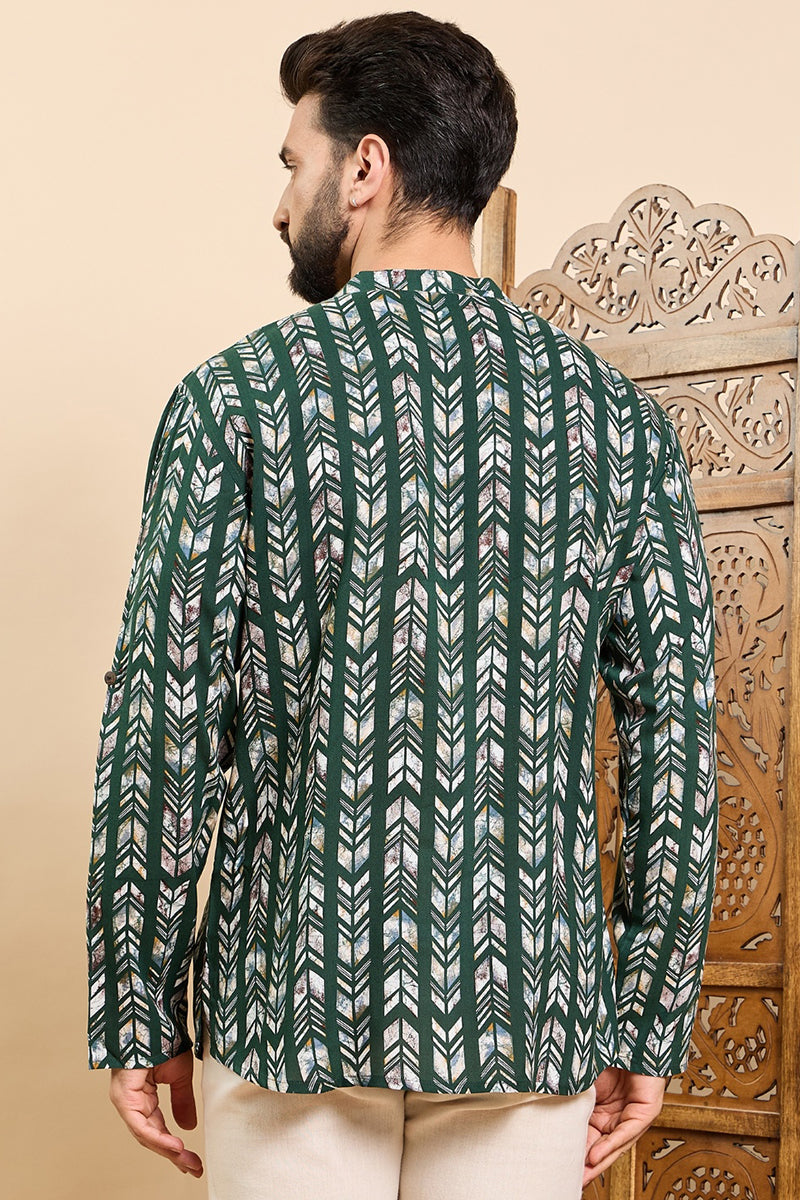 Ethnic Bay Green Viscose Rayon Chevron Printed Ethnic Straight Short Kurta For Men