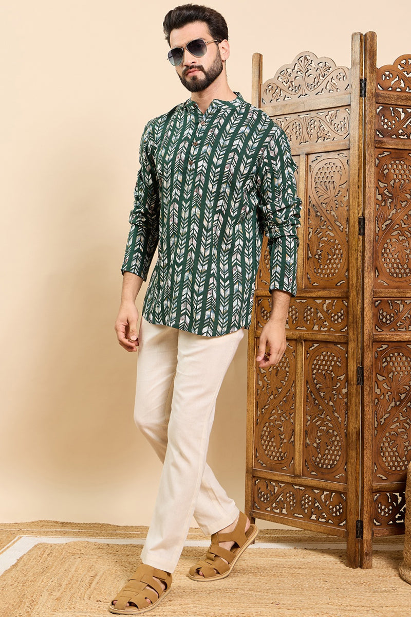Ethnic Bay Green Viscose Rayon Chevron Printed Ethnic Straight Short Kurta For Men