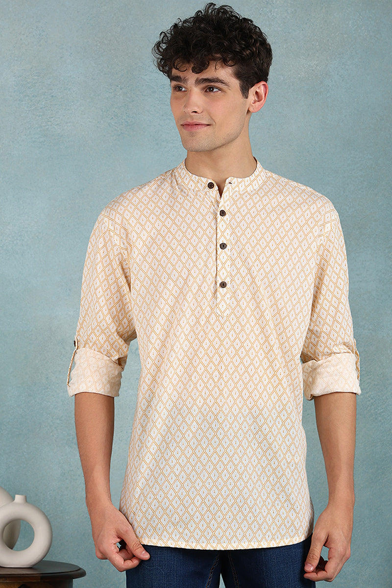 Ethnic Bay Off White Cotton Geometric Printed Straight Short Kurta For Men