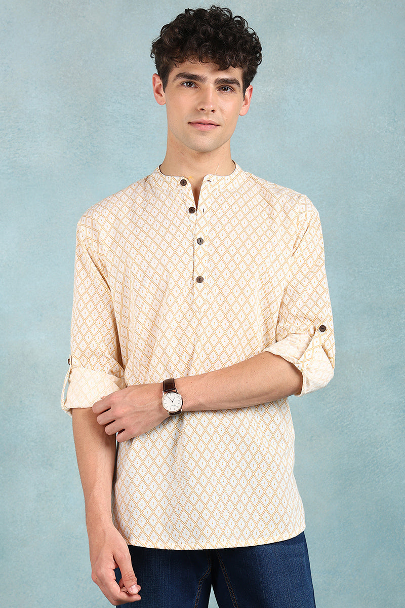 Ethnic Bay Off White Cotton Geometric Printed Straight Short Kurta For Men