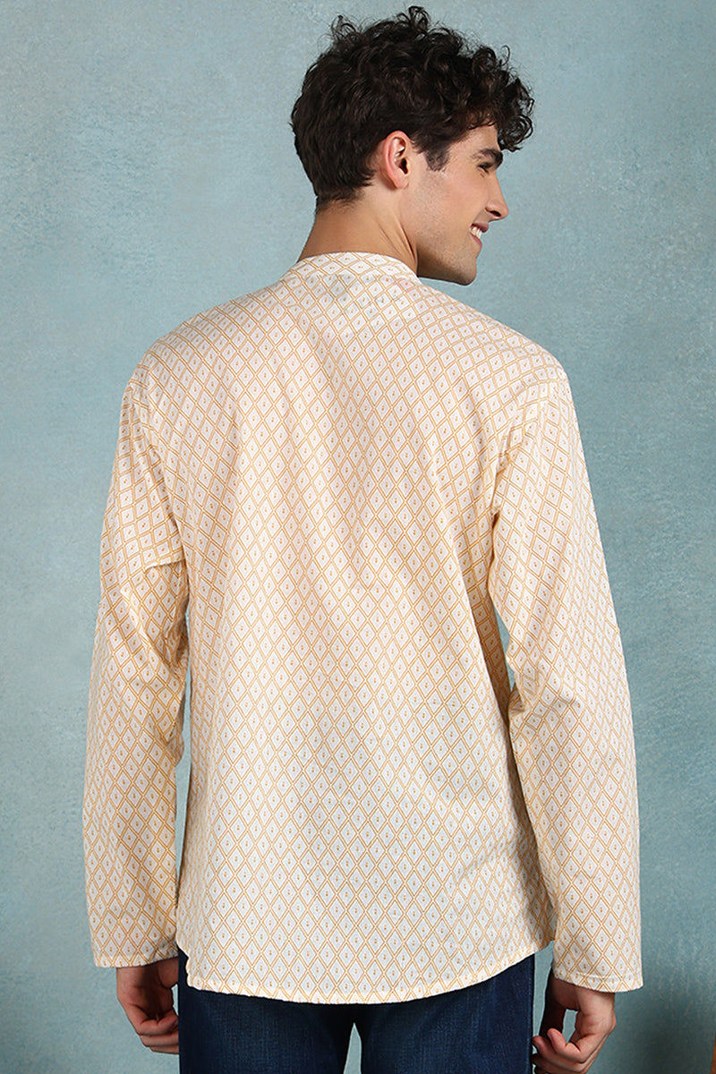 Ethnic Bay Off White Cotton Geometric Printed Straight Short Kurta For Men