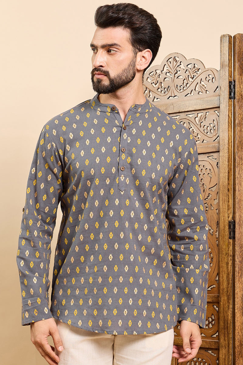 Ethnic Bay Grey Cotton Ethnic Motifs Printed Ethnic Straight Short Kurta For Men