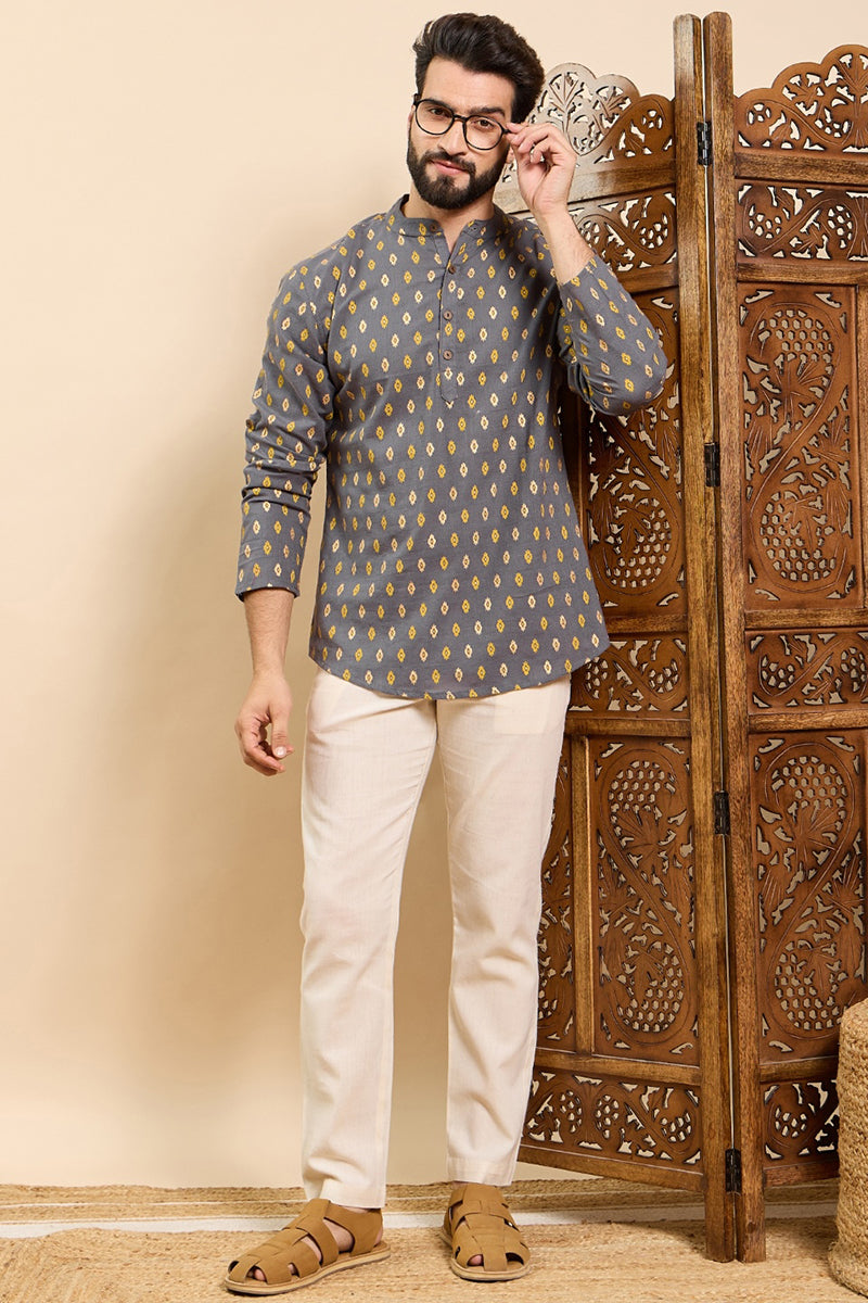 Ethnic Bay Grey Cotton Ethnic Motifs Printed Ethnic Straight Short Kurta For Men