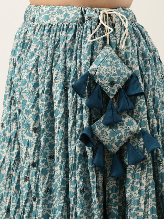Bollywood Vogue Ready To Wear Cream N Blue Chinon Embroidered Lehenga