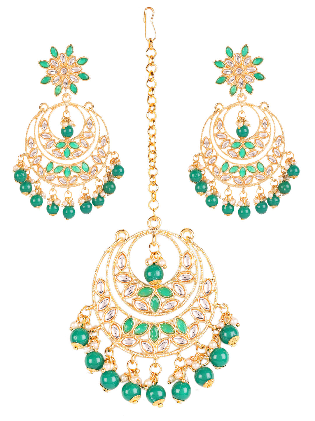 Gold-Toned Green & White Kundan Stone Studded & Pearls Beaded Traditional Maangtikka & Earrings Set