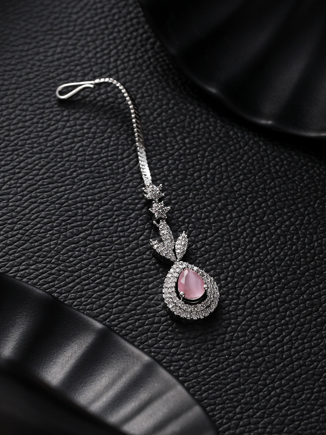 Jazz And Sizzle Silver Plated & Pink American Diamon Studded Teardrop Shaped MaangTika