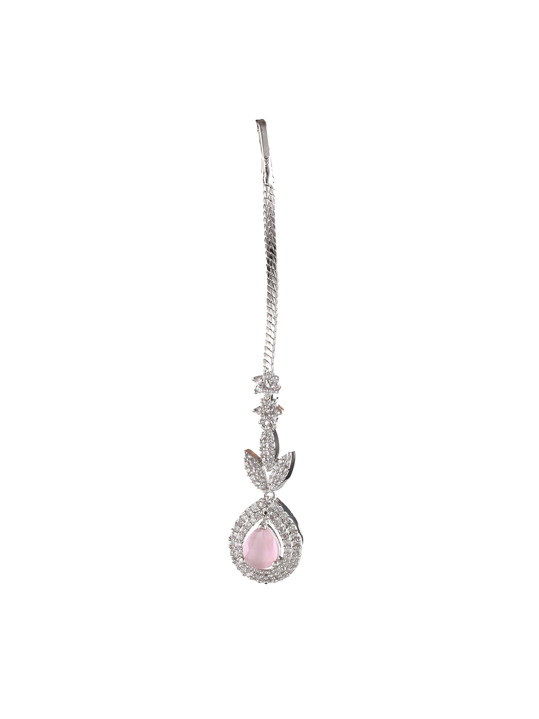 Jazz And Sizzle Silver Plated & Pink American Diamon Studded Teardrop Shaped MaangTika