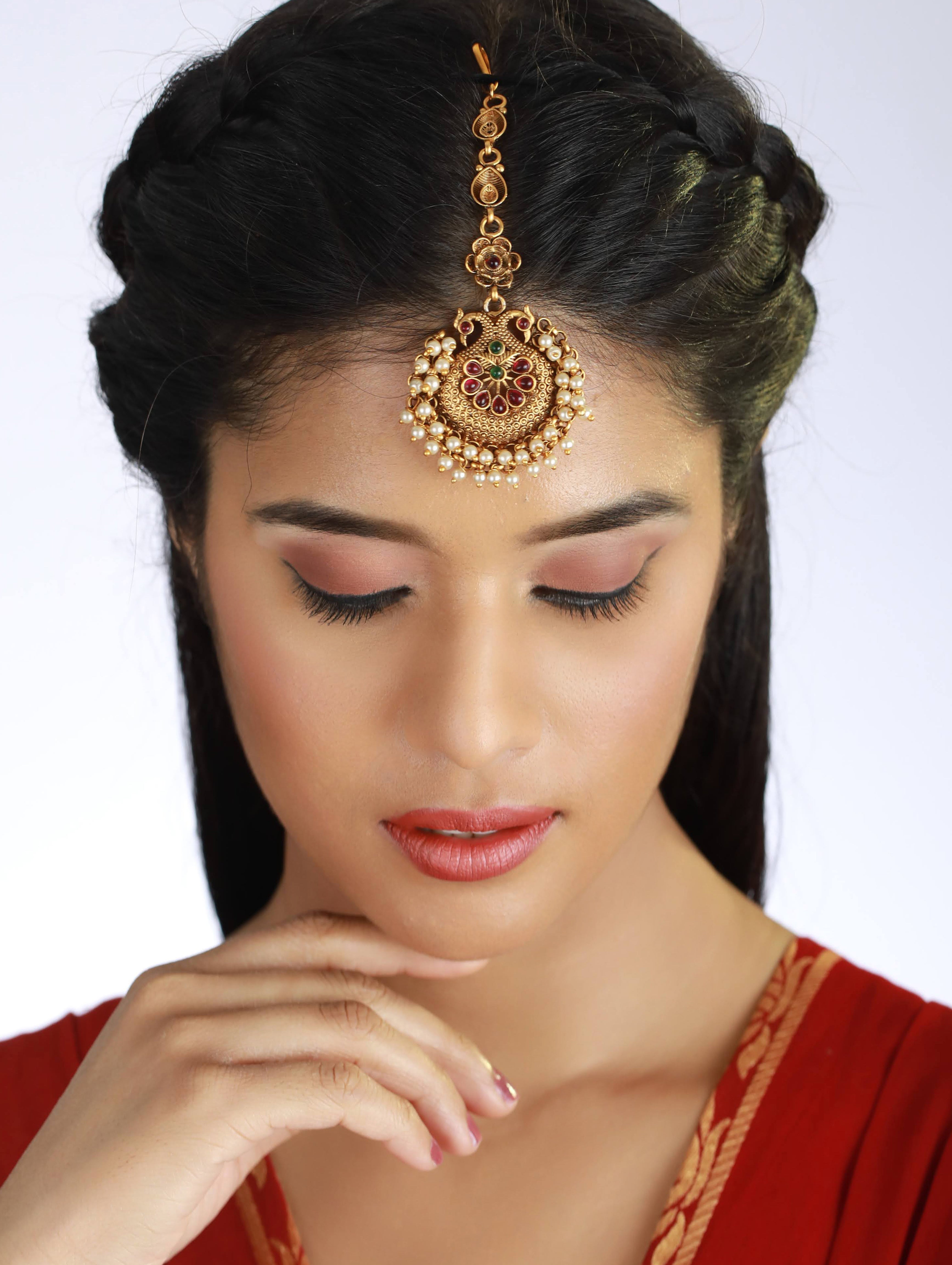 Gold-Plated Green & Pink Stone-Studded & Beaded Temple Maang Tikka