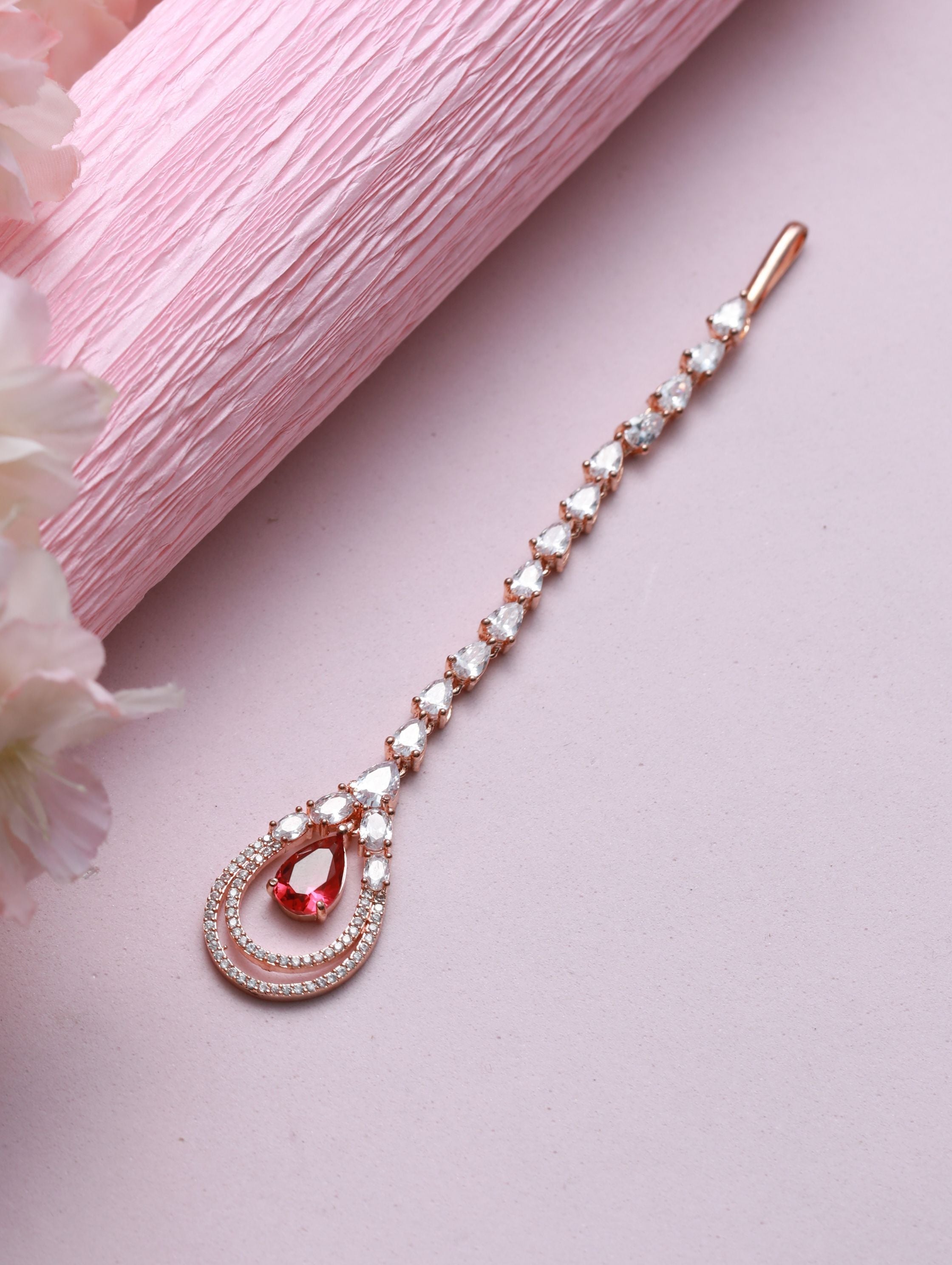 Rose Gold-Plated Magenta Ad-Studded & White Ad Studded Maangtikka