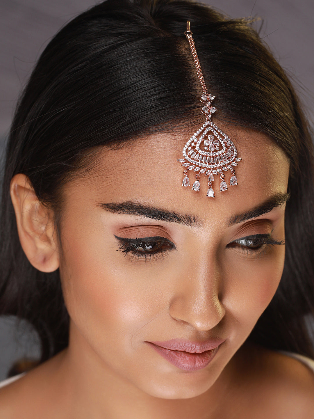 Rose Gold-Plated American Diamond-Studded Handcrafted Maang Tika