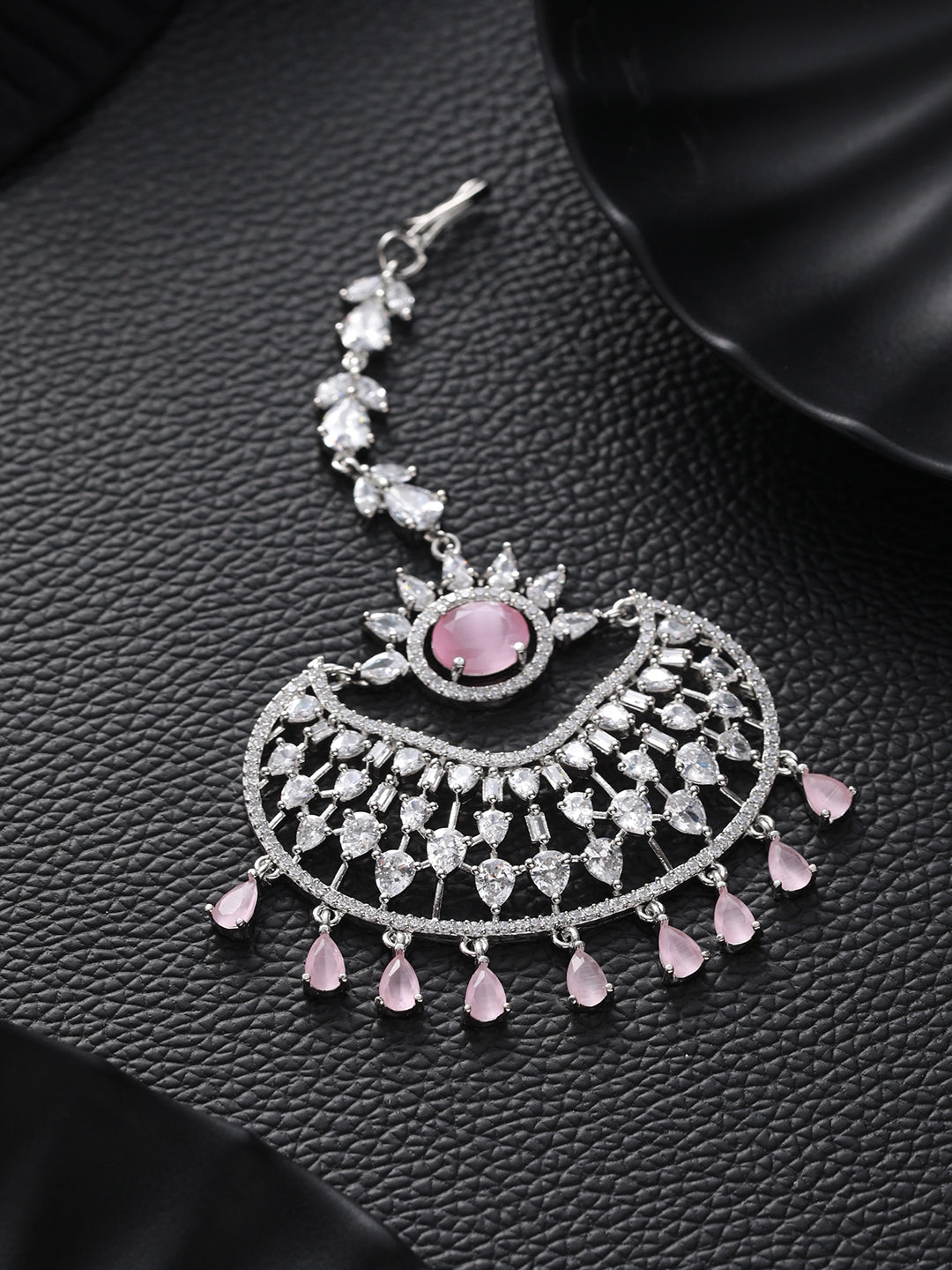 Silver Plated Pink & White Ad Studded Handcrafted Maang Tika