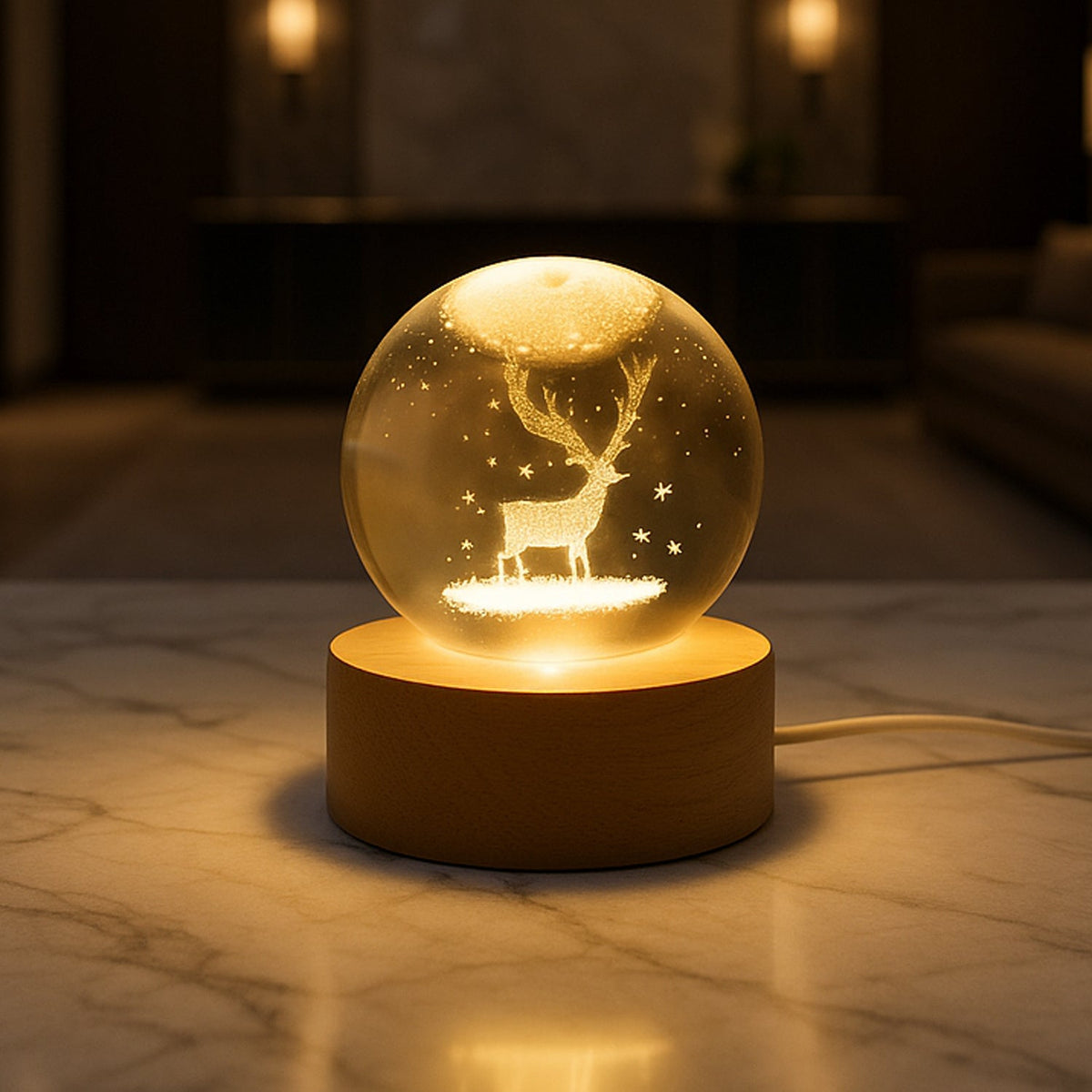 Mela Crystal Ball Night Light Glass Ball Night Lamp With Wood Base HP DD