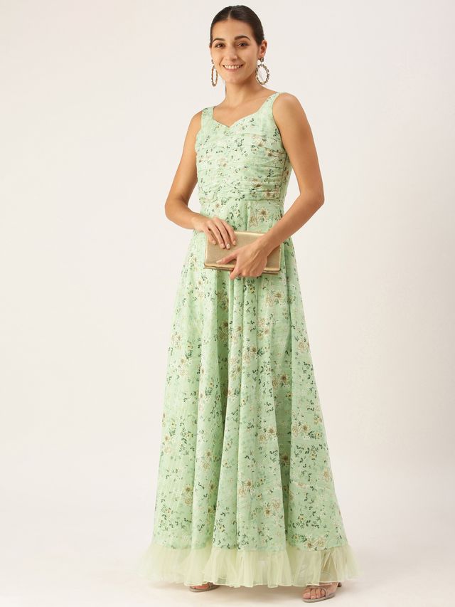 Bollywood Vogue Ready To Wear Green Muslin Ruched Maxi Dress