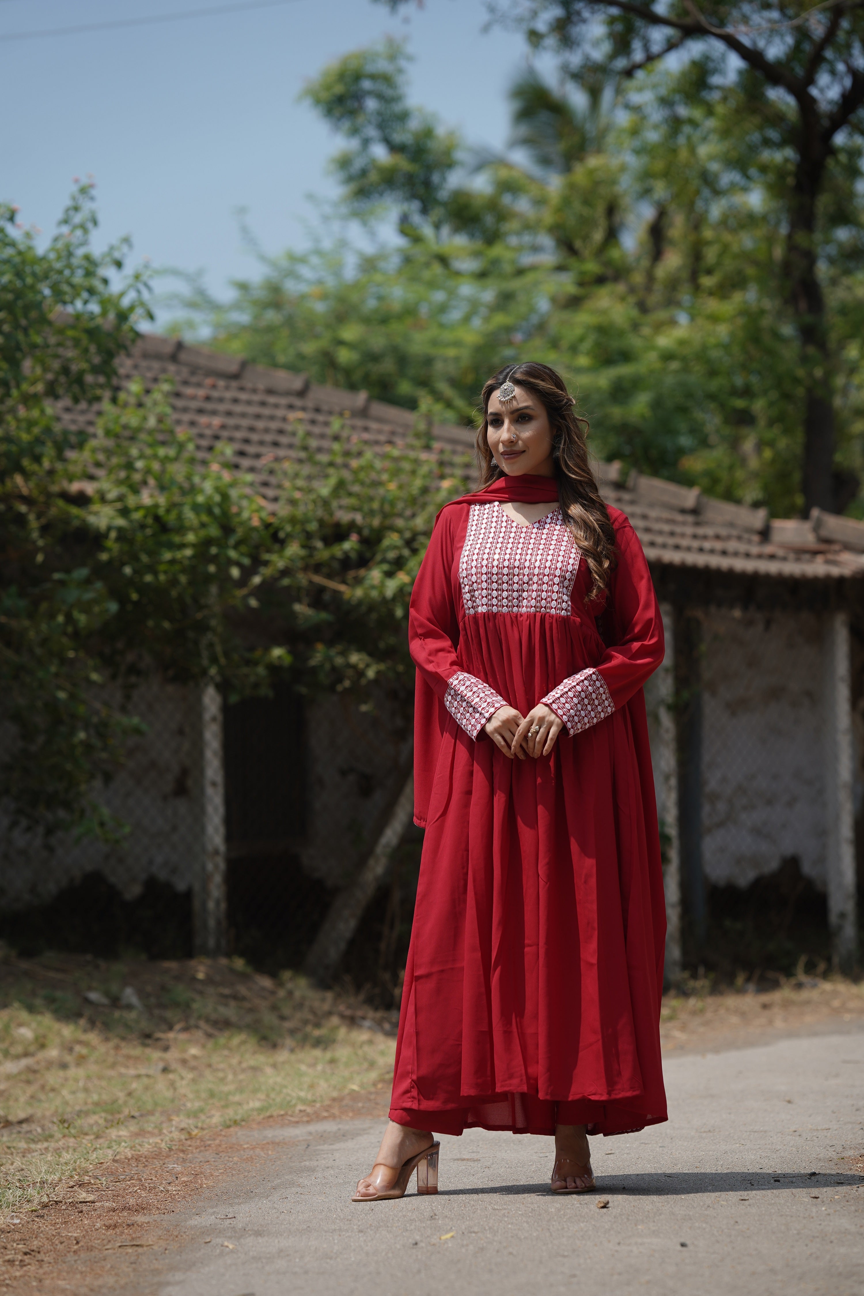 Red Poly Georgette Yoke Design Suit Set