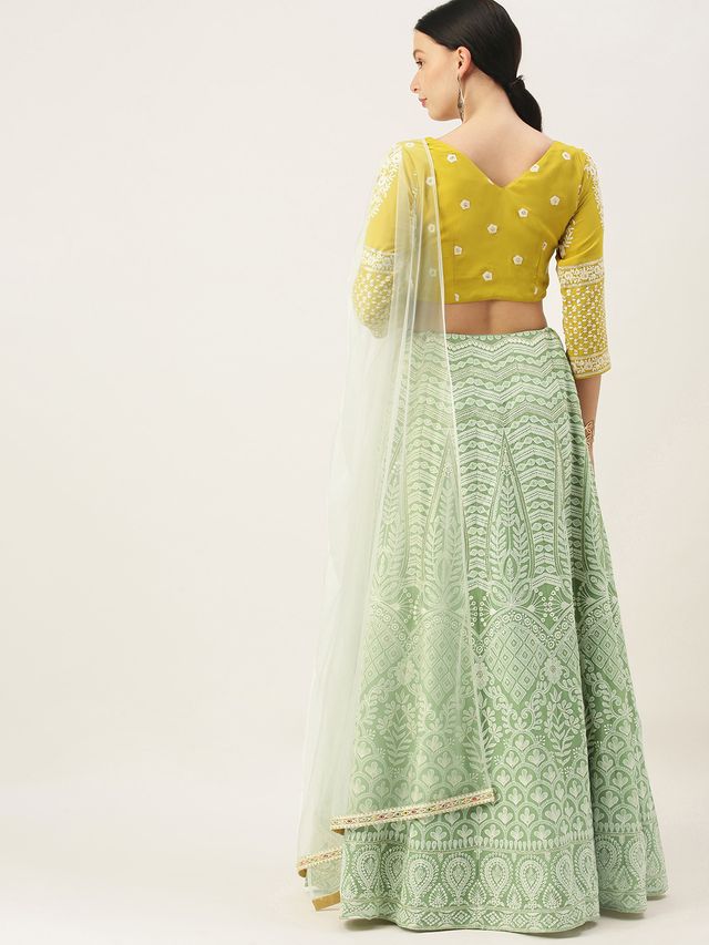 Bollywood Vogue Ready To Wear Green Viscose N Yellow Georgette Kali Lehenga