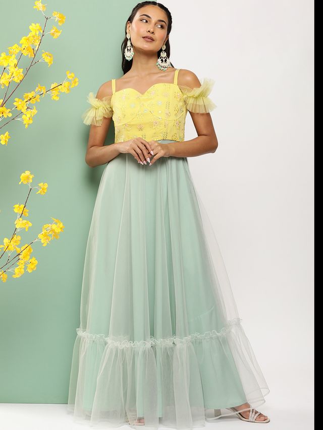 Bollywood Vogue Ready To Wear Yellow Embroidered N Mint Green Corset Style Gown
