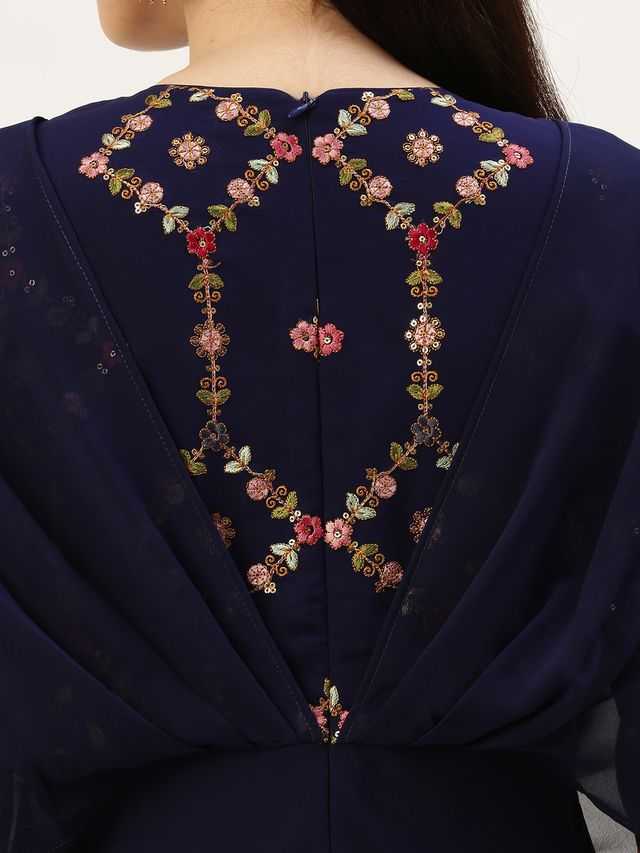 Bollywood Vogue Ready To Wear Royal Blue Georgette Embroidered Gown
