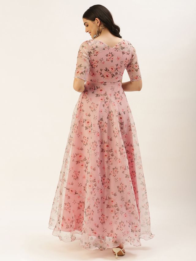 Bollywood Vogue Ready To Wear Pink Digital Print Organza Gown