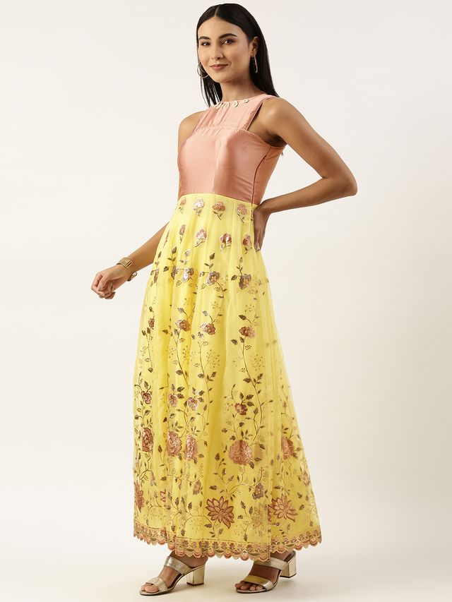 Bollywood Vogue Ready To Wear Yellow Organza Embroidered Anarkali Suit