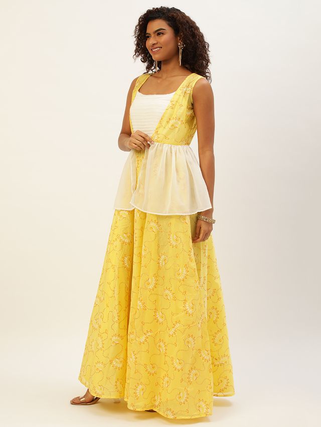 Bollywood Vogue Ready To Wear Off White N Yellow Foil Printed Gown