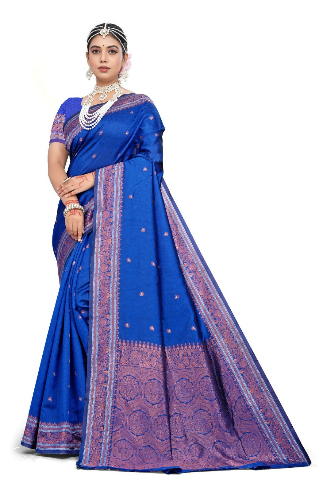 AXONIT Sapphire Majesty Premium Jacquard Silk Saree with Rose-Gold Zari Border