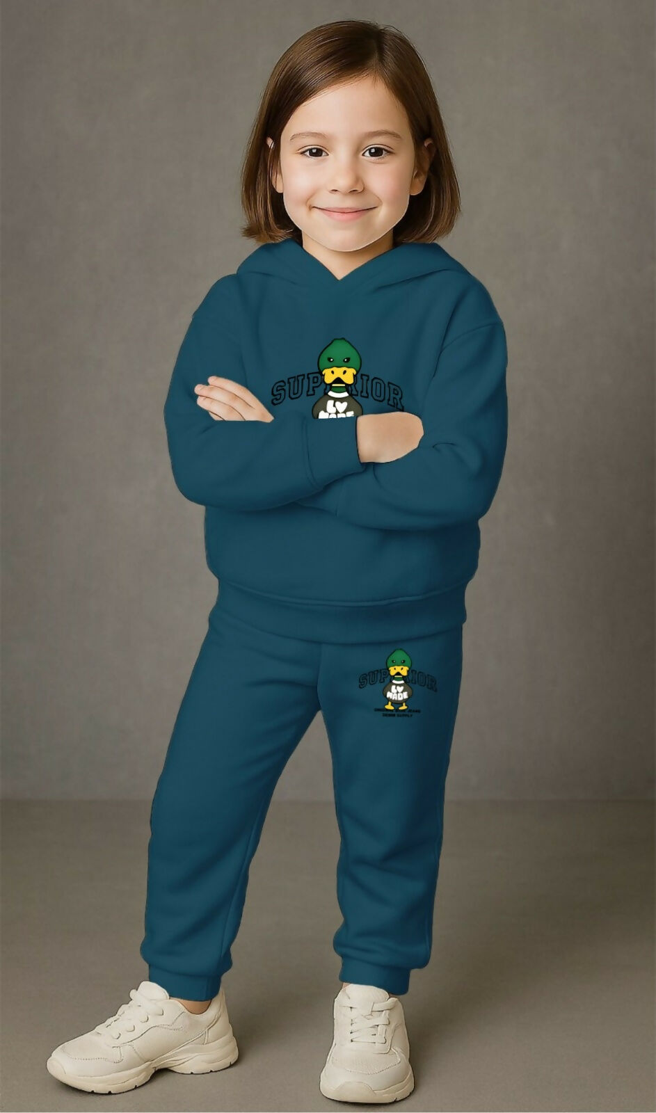 Girls' Teal Blue Cotton Blend hoodie-and-jogger set featuring a cute cartoon duck wearing a green cap Sweatshirt & Joggers (Ages 0 Months to 7 Years) Luck Fashion