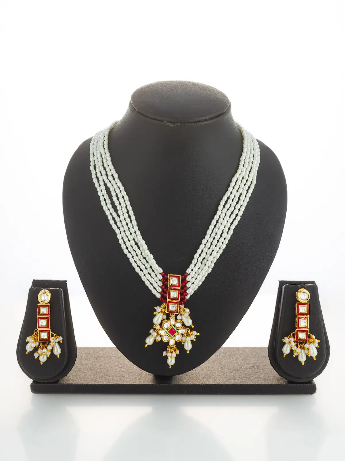 Aadita Multi-Strand Pearl and Geometric Stone Necklace Set