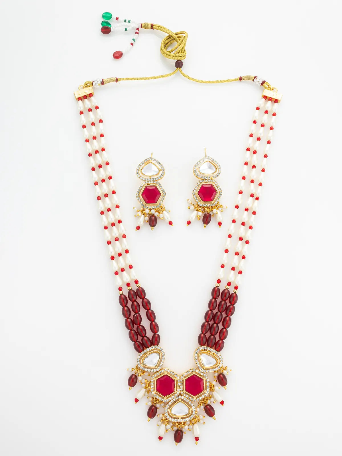 Aadita Gold Plated Long Pearl & Red Stone Necklace Set