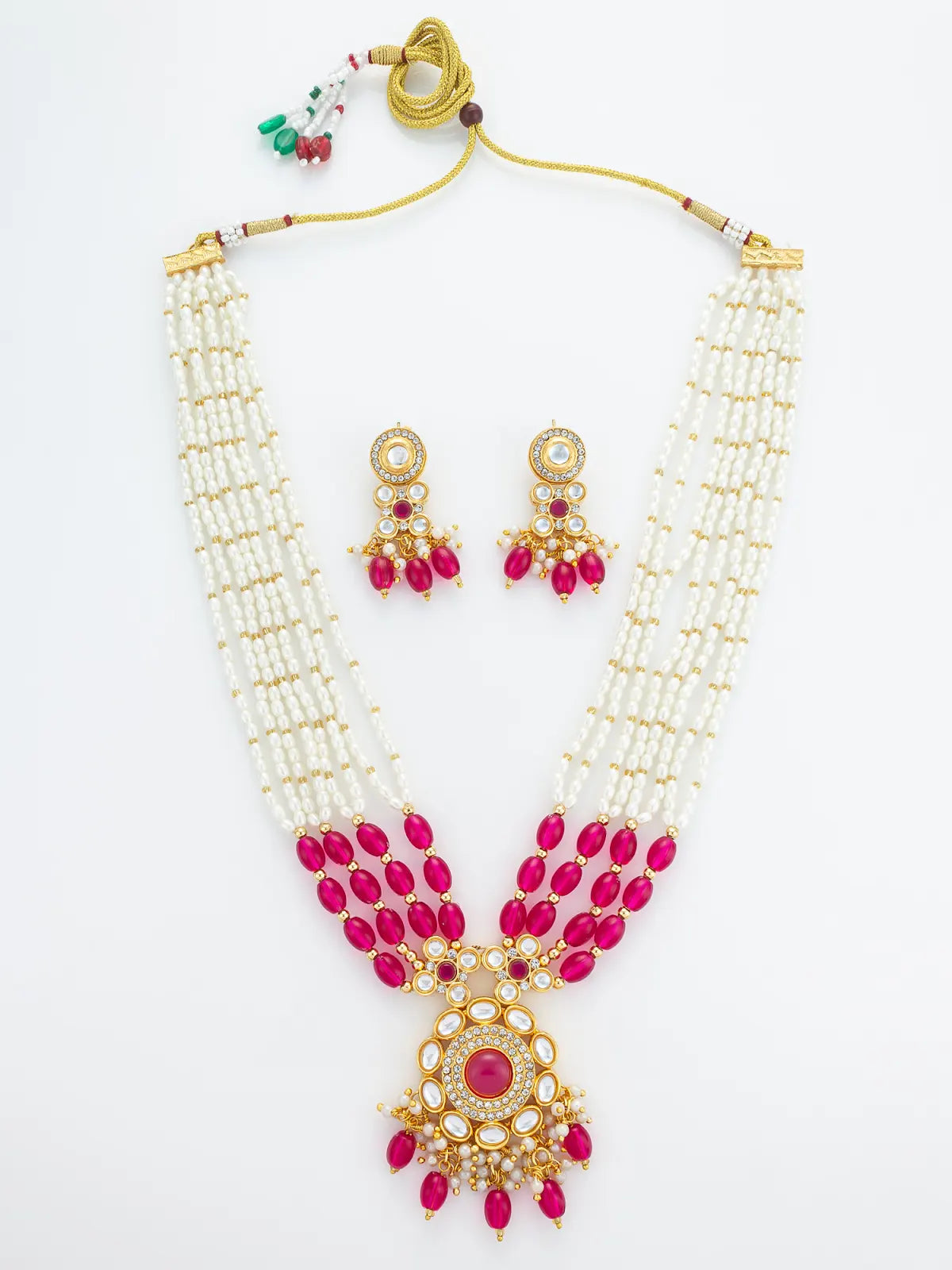 Aadita Gold Plated Multi-Strand Pearl & Pink Bead Necklace Set