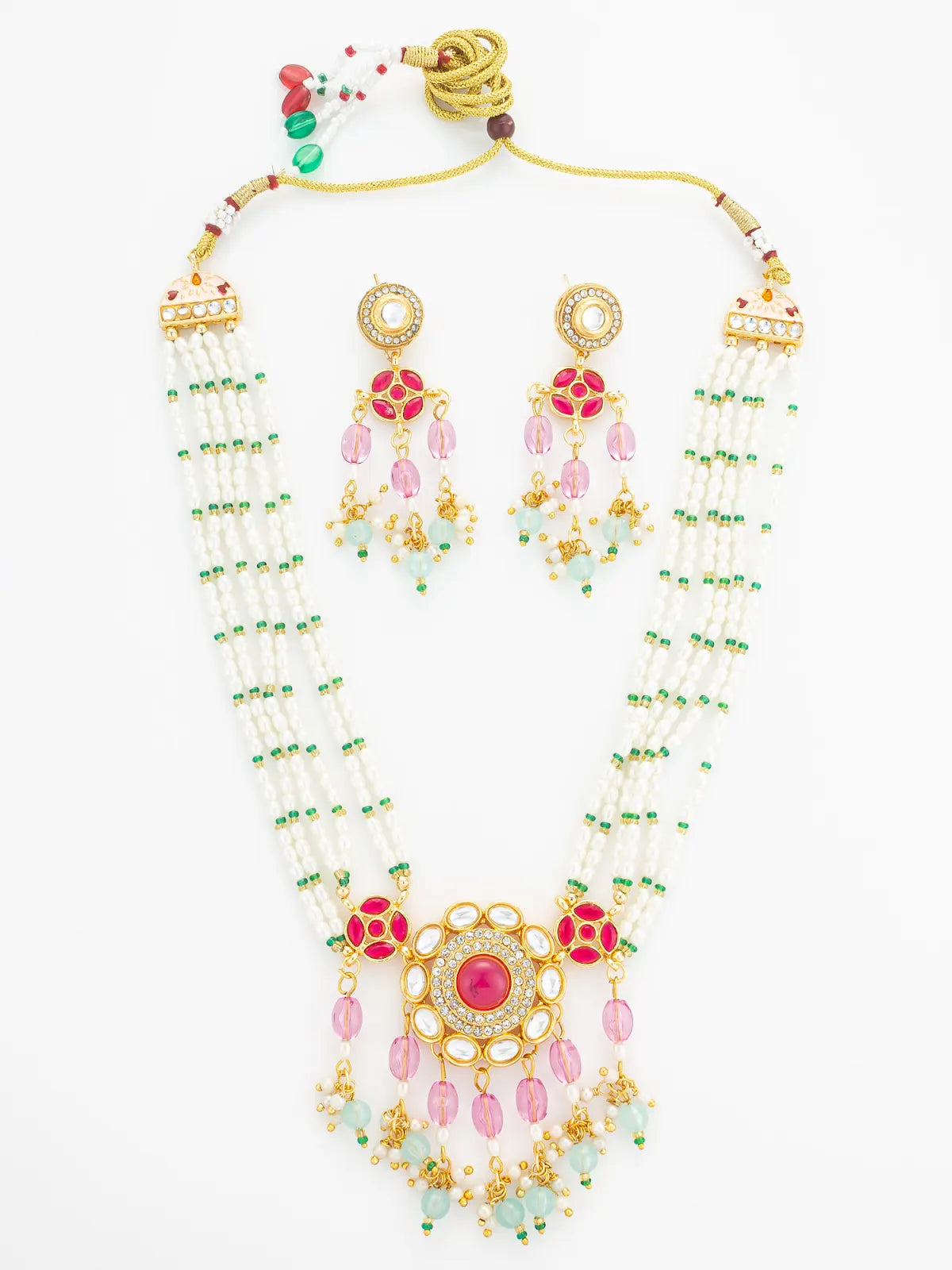 Aadita Gold Plated Multi-Strand Pearl and Pink Stone Rani Haar Set