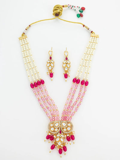 Aadita Gold Plated Pearl and Pink Crystal Bead Long Necklace Set