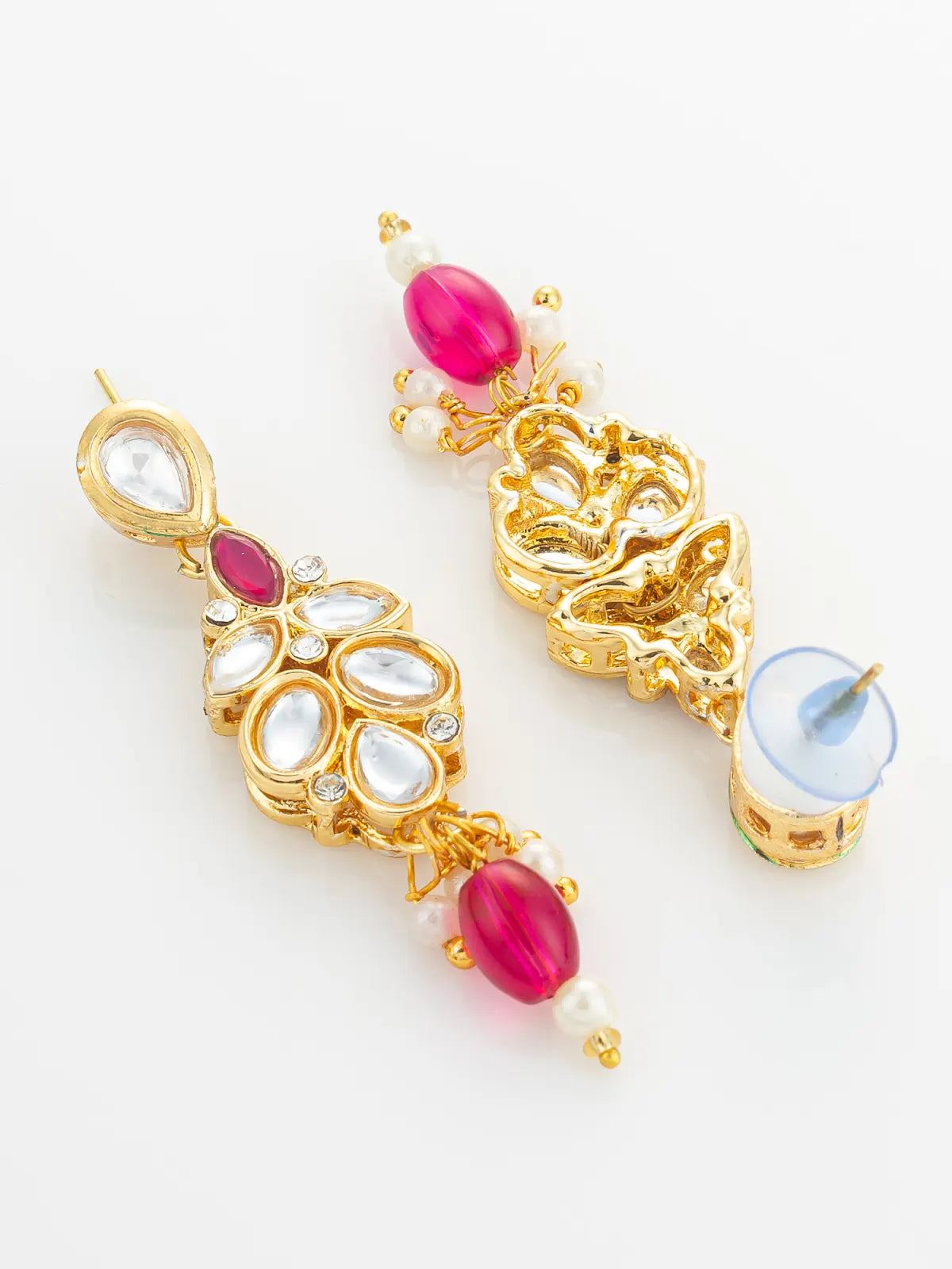 Aadita Gold Plated Pearl and Pink Crystal Bead Long Necklace Set