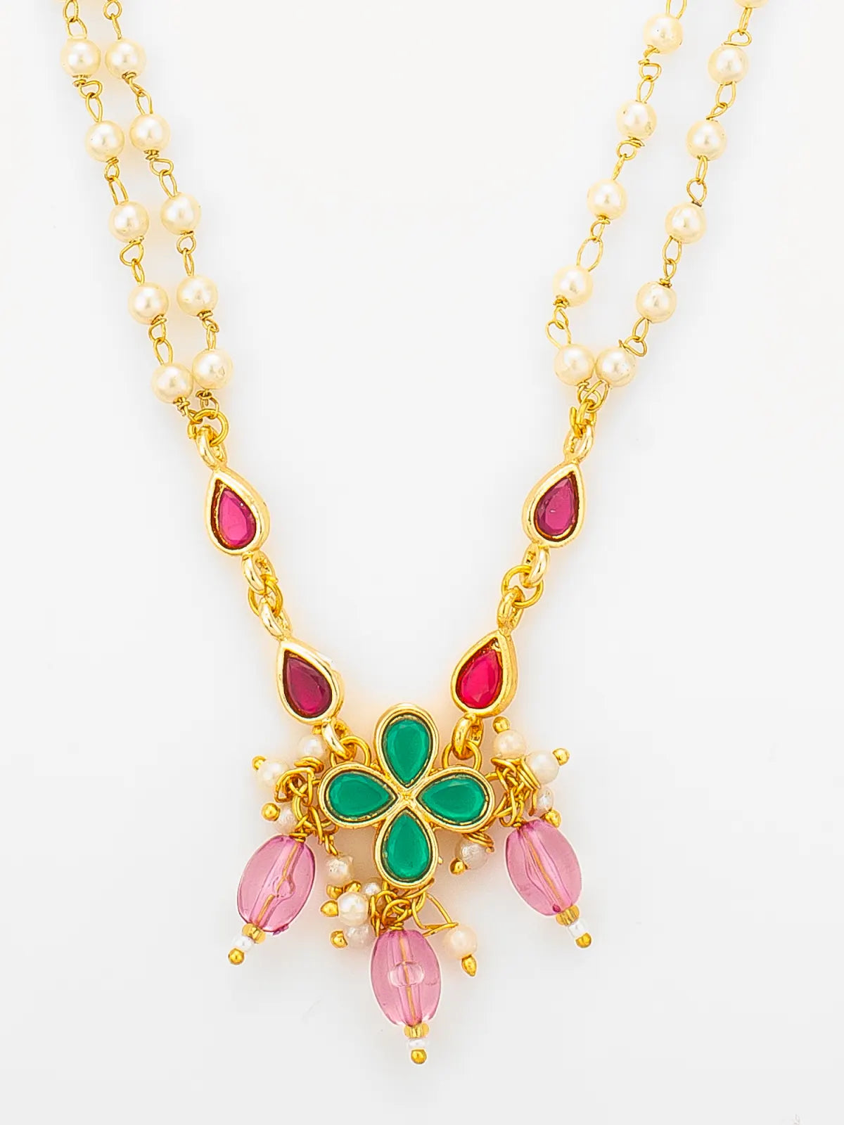 Aadita Gold Plated Double Layered Pearl Necklace with Floral Accents