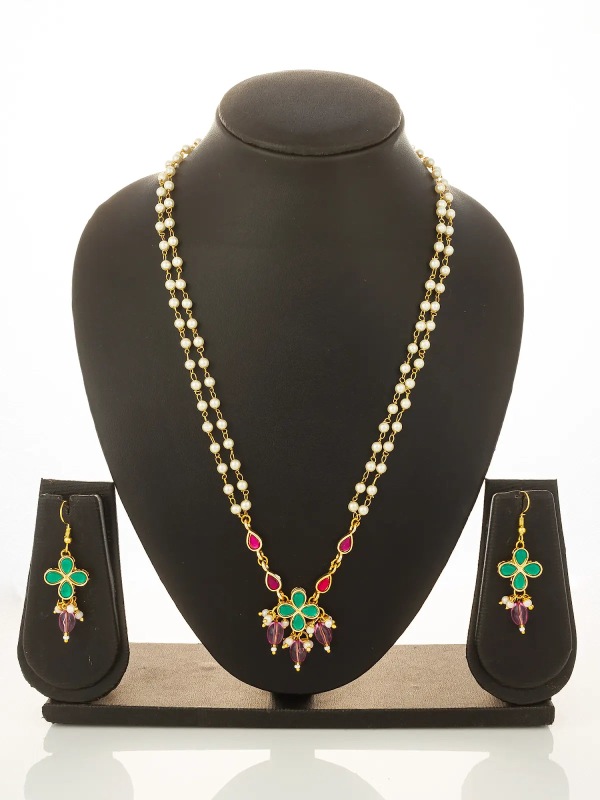 Aadita Gold Plated Double Layered Pearl Necklace with Floral Accents