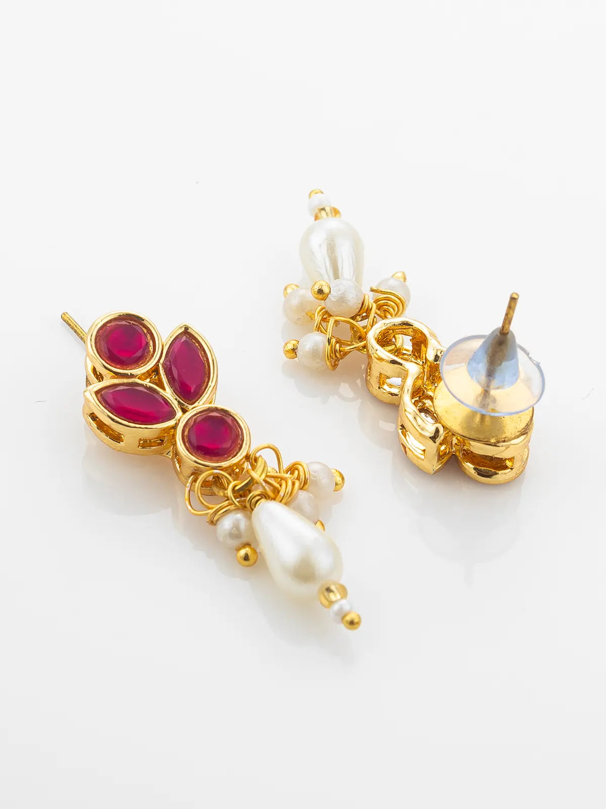 Aadita Gold Plated Multi-Strand Pearl Necklace with Red Stone Detail