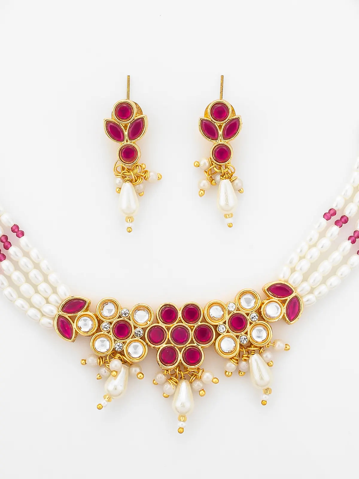 Aadita Gold Plated Multi-Strand Pearl Necklace with Red Stone Detail