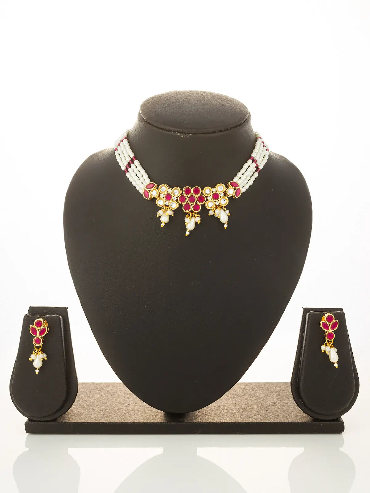 Aadita Gold Plated Multi-Strand Pearl Necklace with Red Stone Detail