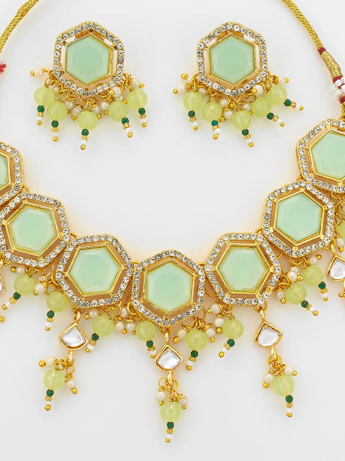 Aadita Gold Plated Mint Green Hexagonal Choker Necklace Set