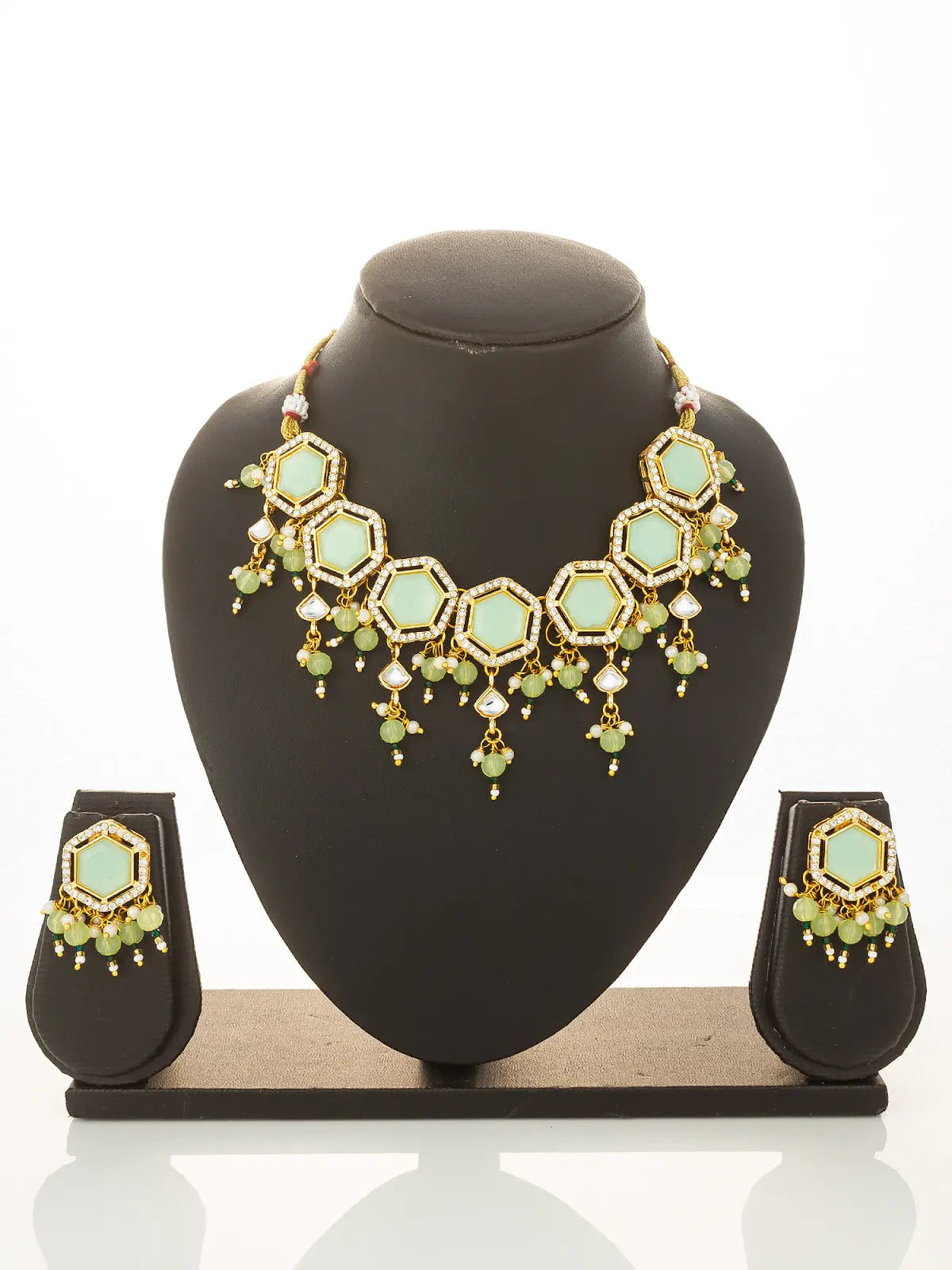 Aadita Gold Plated Mint Green Hexagonal Choker Necklace Set