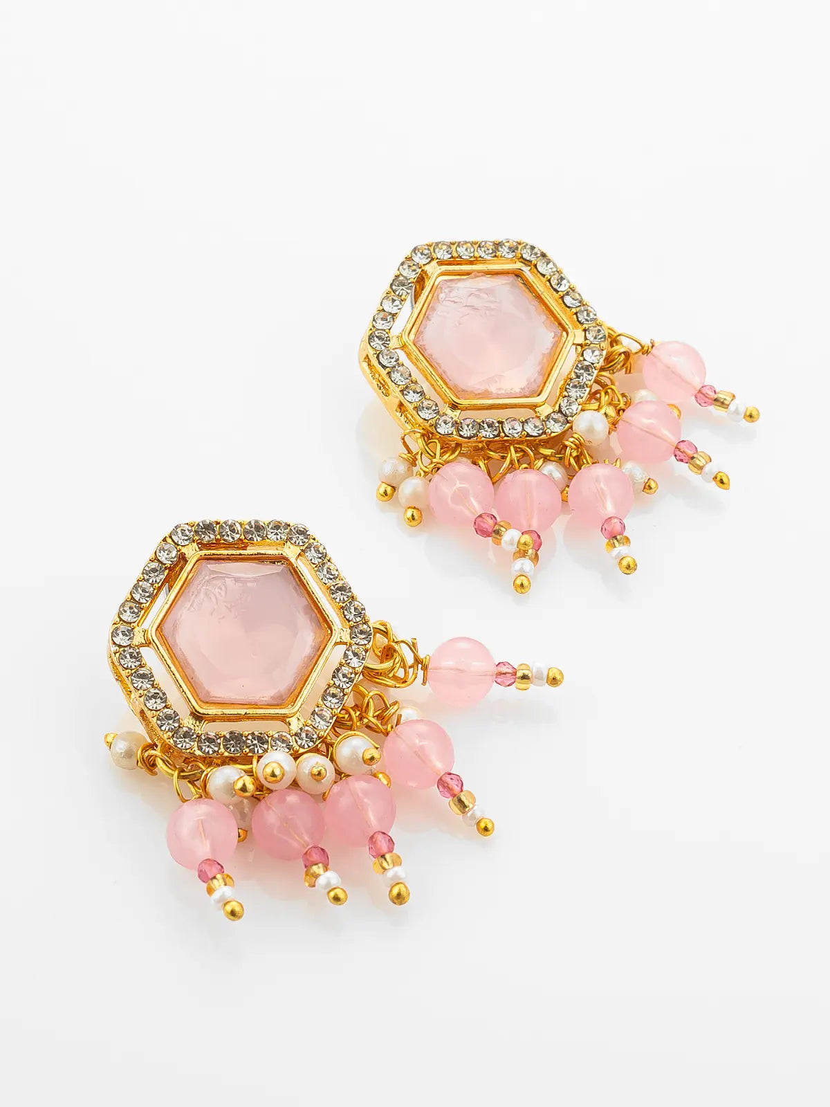 Aadita Gold Plated Pink Hexagonal Stone Choker Necklace Set with Earrings