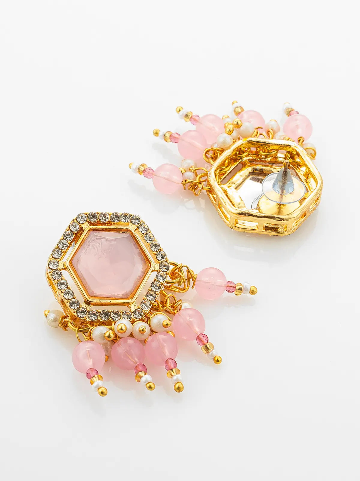 Aadita Gold Plated Pink Hexagonal Stone Choker Necklace Set with Earrings