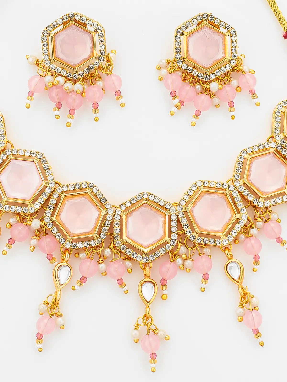 Aadita Gold Plated Pink Hexagonal Stone Choker Necklace Set with Earrings