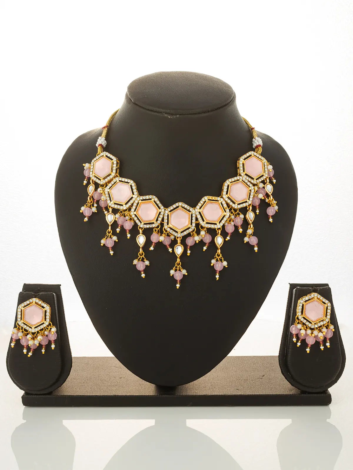 Aadita Gold Plated Pink Hexagonal Stone Choker Necklace Set with Earrings