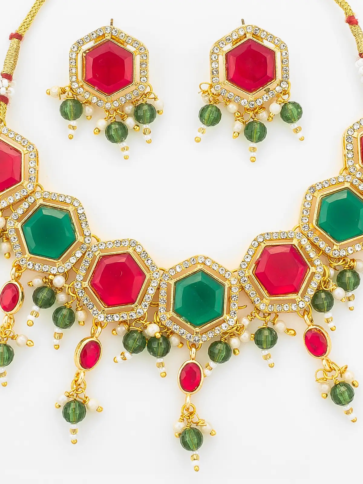 Aadita Gold Plated Red and Green Hexagonal Style Choker Set