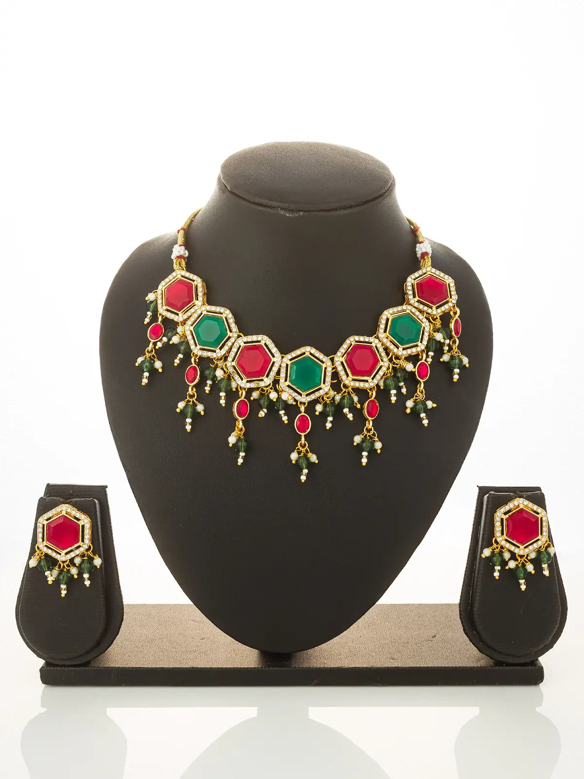 Aadita Gold Plated Red and Green Hexagonal Style Choker Set