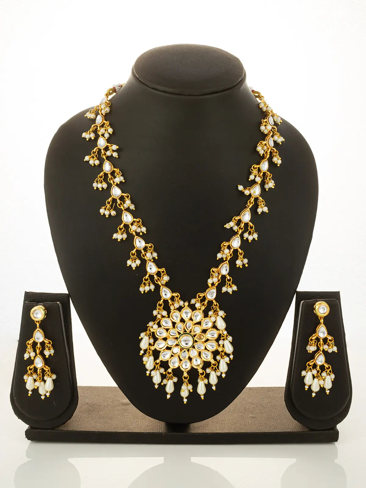 Aadita Gold Plated Kundan Floral Long Necklace Set with Pearl Drops