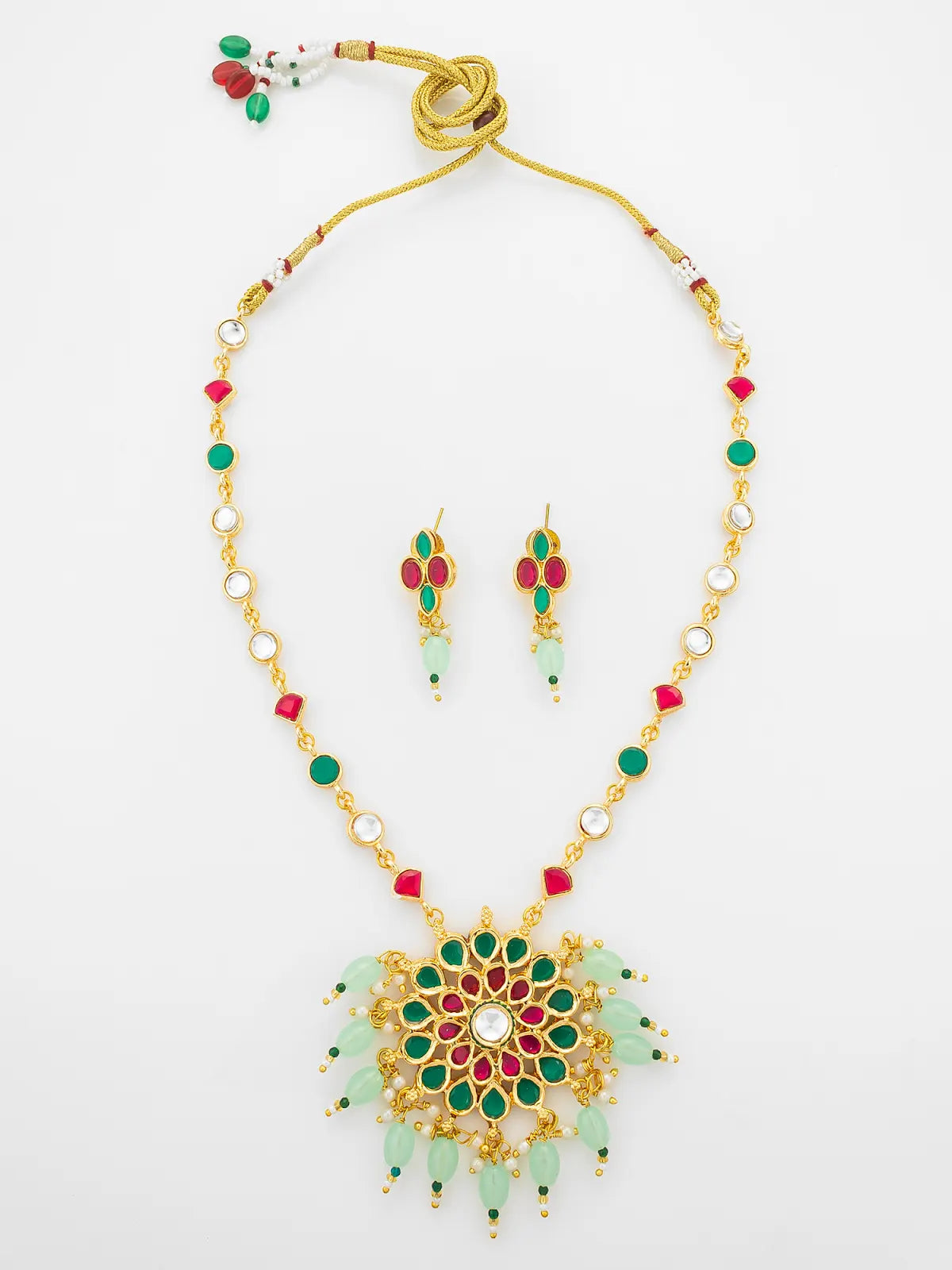 Aadita Gold Plated Kundan Necklace Set with Green and Pink Stones and Bead Droplets