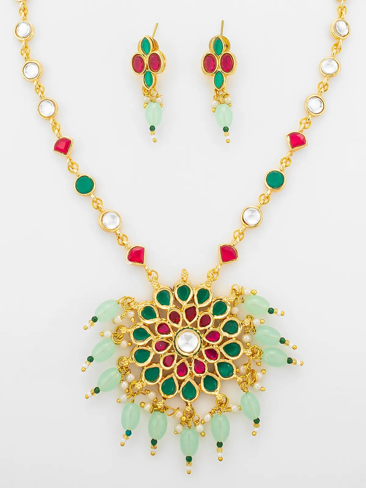 Aadita Gold Plated Kundan Necklace Set with Green and Pink Stones and Bead Droplets