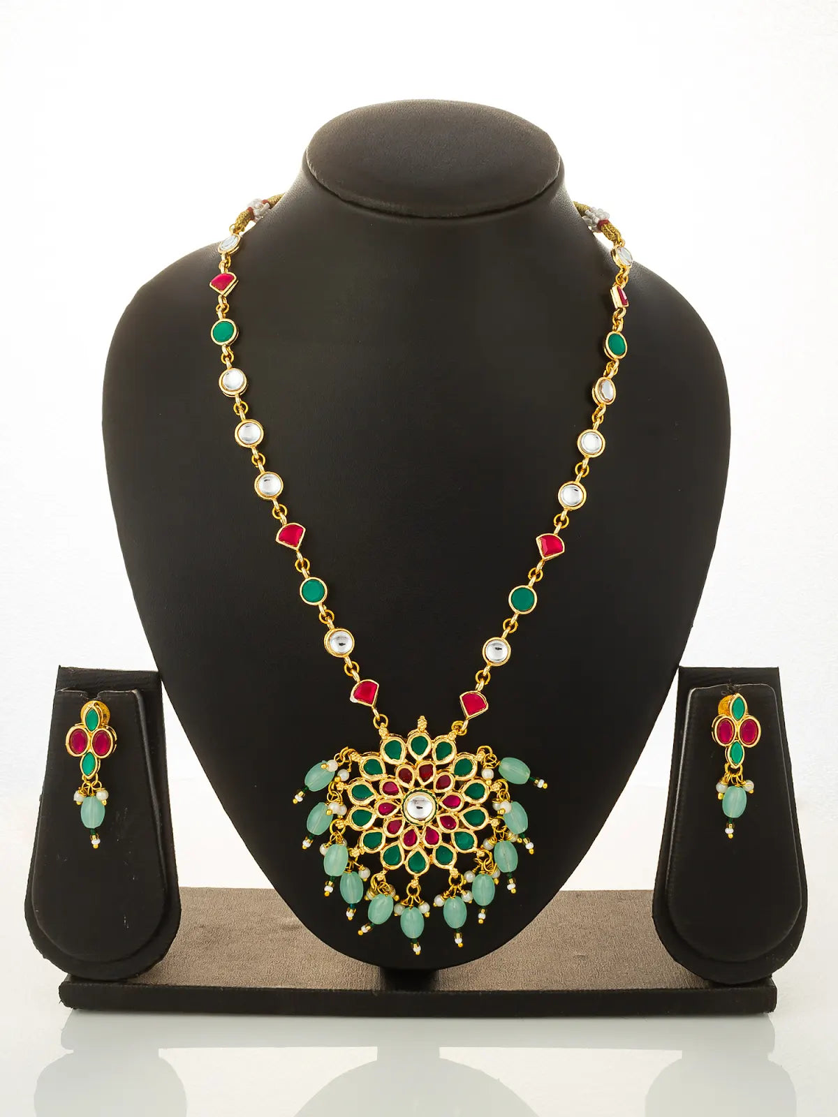 Aadita Gold Plated Kundan Necklace Set with Green and Pink Stones and Bead Droplets